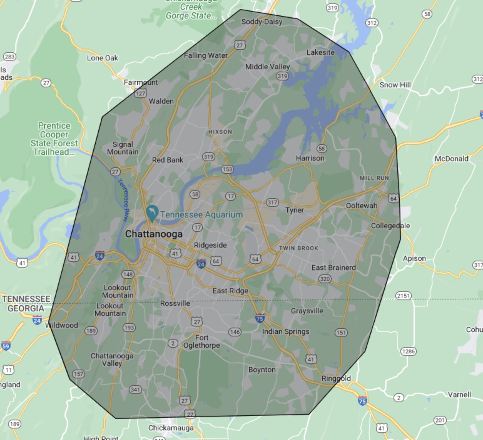 service area map Force Roofing Systems Chattanooga